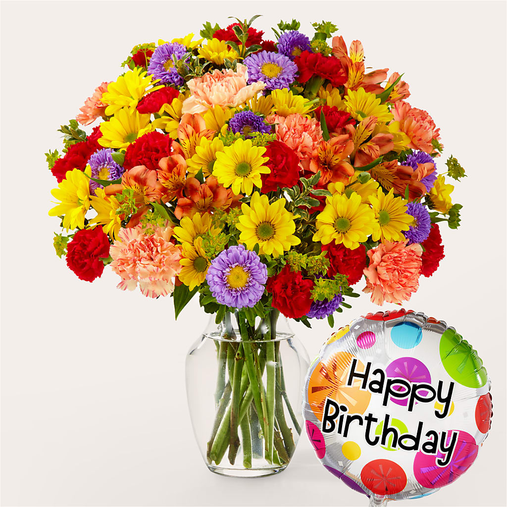 Kaleidoscope Bouquet with Birthday Balloon – SIA'S BLOSSOM BLOOMS, Griffin GA